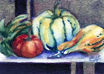 "Fall Still Life" by Charlotte Heikkinen, Clinton WI - Watercolor & gold leaf, SOLD